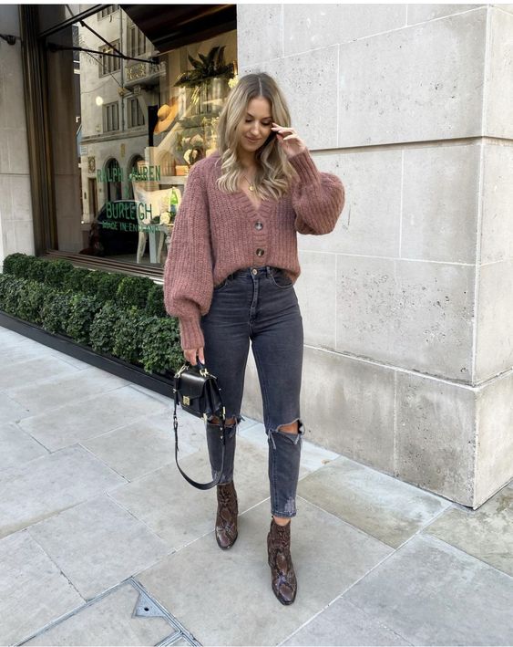 Black Ripped Jeans and Snake-Print Boots 